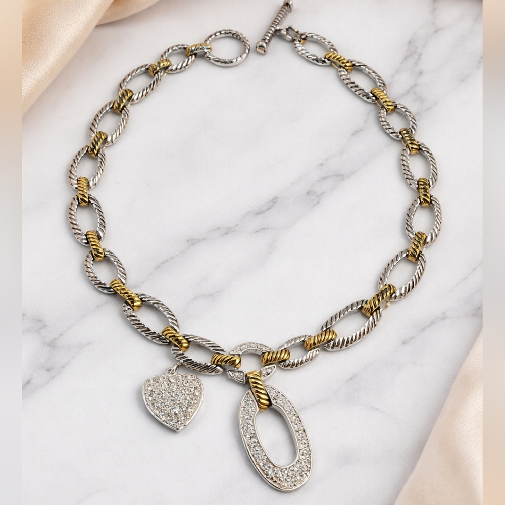 Lauren G Adams Two-Tone Chain Necklace Crystal Heart